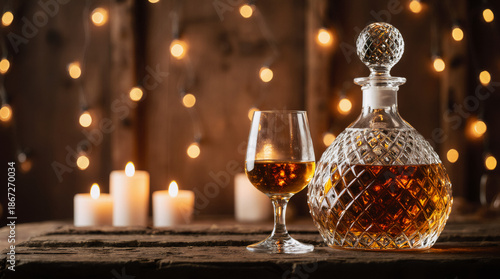 Premium Amber Whisky in Tulip Glass and Crystal Decanter on Rustic Wood Table with Golden Bokeh Christmas Lights and Candles Background