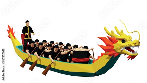 Geometric dragon boat racing with rowers and drummer in festive competition