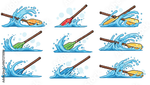 Set of paddles with splashing waves in pixel art style