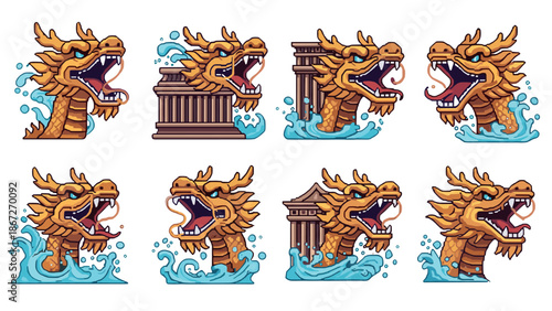 Pixel art dragon heads emerging from waves and columns in mythical style
