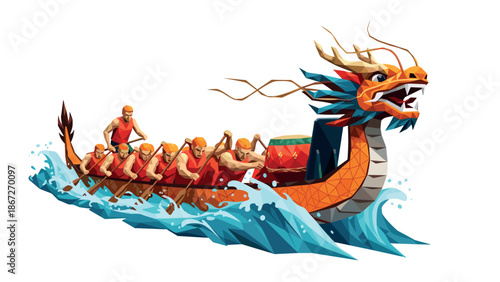 Low poly dragon boat race with vibrant colors and dynamic waves