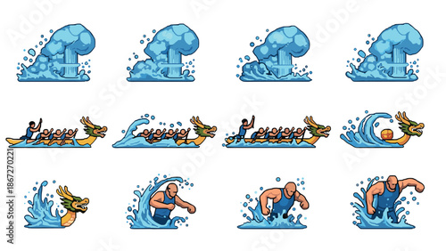 Pixel art dragon boat racing with dynamic water elements and athletic paddlers