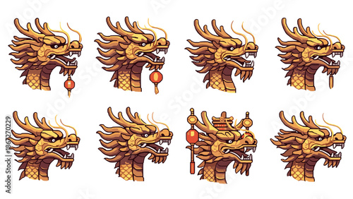 Set of pixel art chinese dragon heads with lanterns and traditional elements