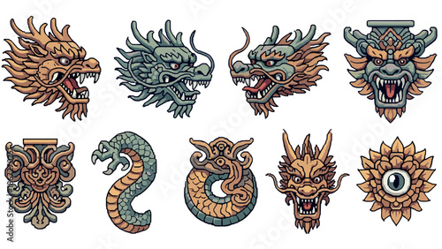 Intricate dragon heads and serpents in detailed artistic style