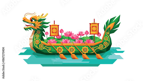 Colorful dragon boat with flowers and lanterns on water