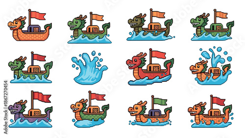 Colorful retro pixel art dragon boats and water splashes in motion