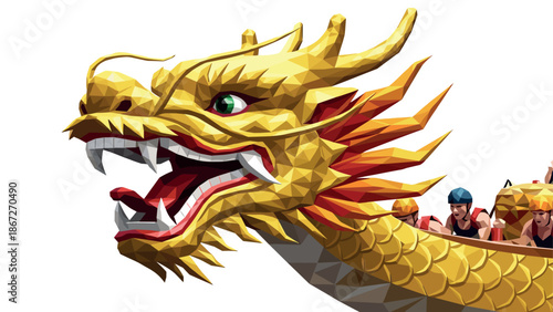 Vibrant low poly golden dragon boat with team of rowers in action