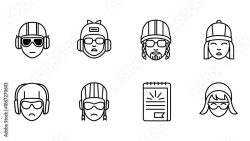 Set of linear winter sports icons featuring helmets and goggles