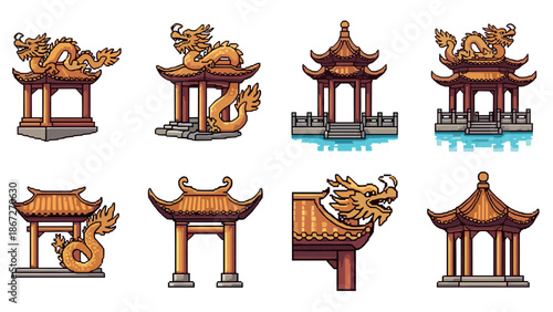 Pixel art oriental architecture with dragons and pagodas