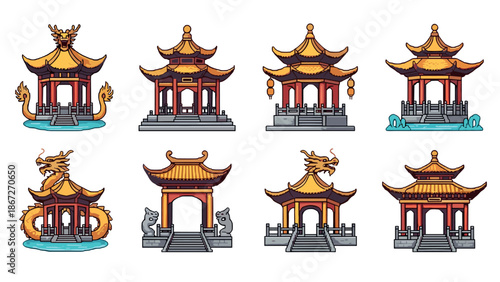 Set of traditional asian pagodas with dragons in colorful cartoon style