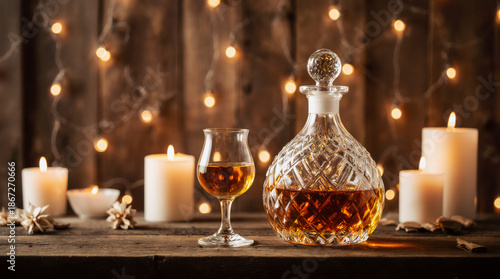 Premium Amber Whisky in Tulip Glass and Crystal Decanter on Rustic Wood Table with Golden Bokeh Christmas Lights and Candles Background