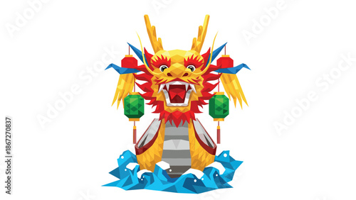 Colorful geometric dragon with lanterns amidst ocean waves in flat design