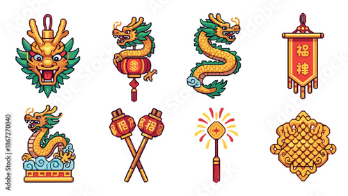 Festive dragon motifs: pixel art symbols for lunar celebrations