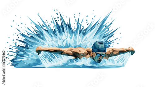 Dynamic low poly swimming athlete in action with splash