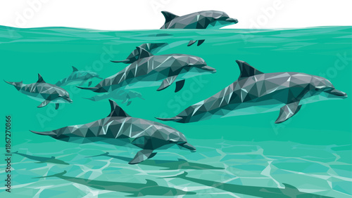 Low poly dolphins swimming underwater with crystal clear reflections