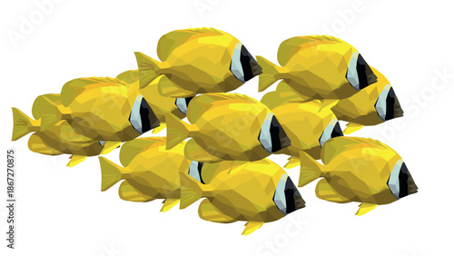 Low poly yellow fish school on white background in 3d geometric style