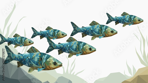 Geometric aquatic art: colorful fish swimming in low poly design