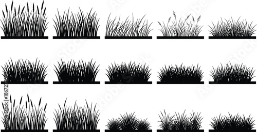 Black grass silhouette set, vector meadow shrubs, garden plant borders, botanical weed icons, landscape nature elements, outdoor field tufts, herbal floral collection.