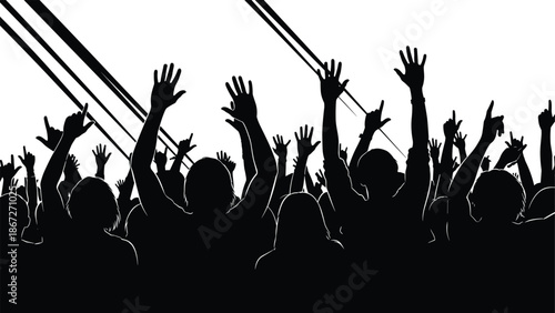 Black silhouette of cheering crowd with hands raised at music concert festival isolated on white background for party event design.