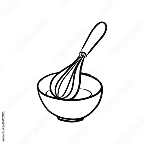 A mixing bowl and whisk hand drawn illustration