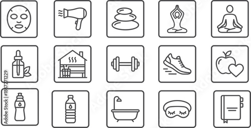 Set of 16 black line icons for health, wellness, and self-care including fitness, skincare, hydration, and relaxation symbols