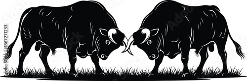 Black silhouette of two powerful bulls fighting on grass meadow isolated on white background for livestock farm landscape design elements. (exactly 20 words)