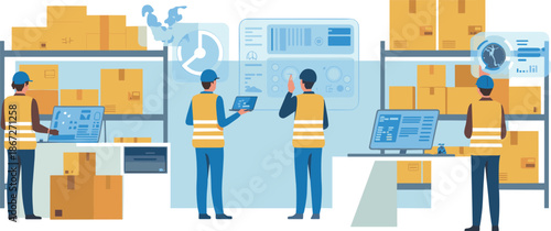 Modern warehouse logistics illustration, workers managing inventory with digital dashboards, smart supply chain operations, flat vector design