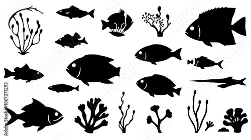 Underwater ecosystem icon pack featuring monochrome black silhouettes of various marine life forms, including fish, coral, and seaweed, in vector flat design, with clean lines, simple shapes, and a mi