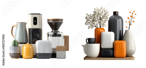 Glossy D arrangement of modern household items showcases blend of stylish kitchenware and decorative elements, creating vibrant atmosphere