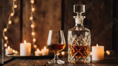 Premium Amber Whisky in Tulip Glass and Crystal Decanter on Rustic Wood Table with Golden Bokeh Christmas Lights and Candles Background