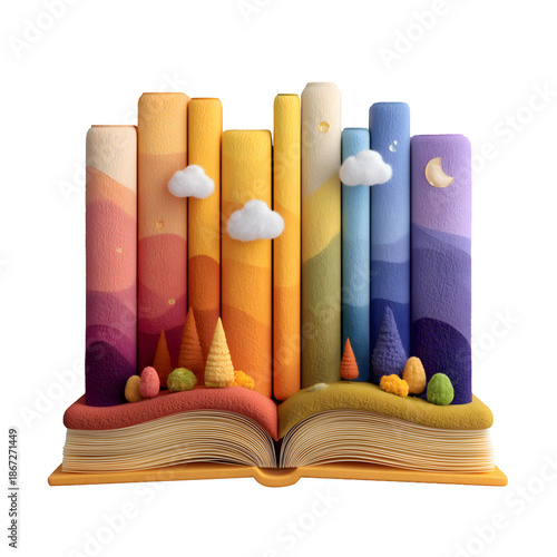 Colorful book design featuring vibrant spines and whimsical elements like clouds and trees, evoking sense of creativity and imagination