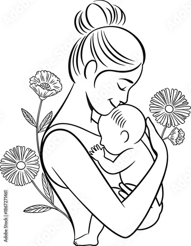 Mother holding baby illustration, black and white hand drawn maternal love artwork, elegant floral line art, gentle motherhood concept