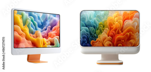 Modern computer monitors with vibrant abstract backgrounds showcase colorful designs and sleek aesthetics, perfect for creative workspaces