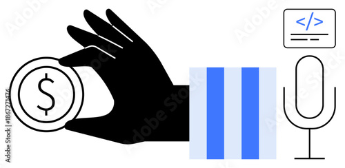 Digital payments, fintech, coding, media creation, financial solutions, tech communication. Graphic of a hand holding a coin, microphone and code bar. Digital payments and fintech concepts