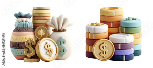 Colorful and modern cartoon currency exchange with stacks of coins and bags, conveying wealth and finance