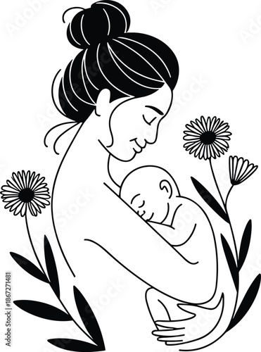 Mother holding baby illustration, black and white hand drawn maternal love artwork, elegant floral line art, gentle motherhood concept