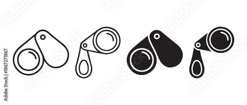 Collection of folding loupe icons in outline and filled styles.