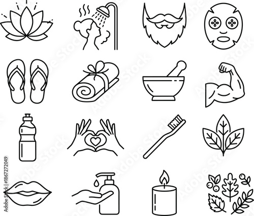 Set of 16 black line icons for wellness, hygiene, and self-care including grooming, skincare, fitness, and natural remedies