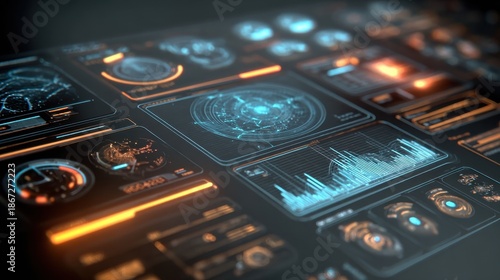 Futuristic Digital Interface with Glowing Blue and Orange Data Displays, High-Tech UI Dashboard