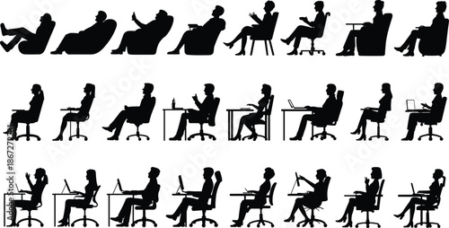 Business People Sitting Silhouettes Collection with Office Chairs Desks Laptop Working Relaxing Poses Isolated Black Vector Set
