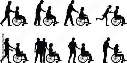 Caregiver Assisting Wheelchair Users Silhouette Set Showing Disability Support Healthcare Help Mobility Care Vector Illustration Collection