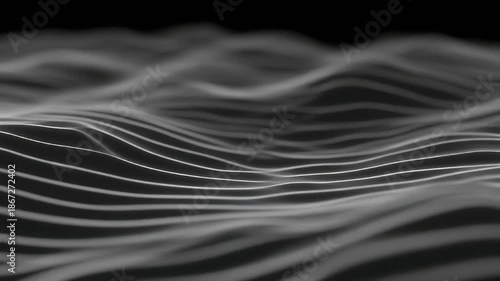 A grayscale, abstract image depicts soft, undulating curves resembling waves. Bright white lines are on a darker backdrop. Selective focus enhances the depth