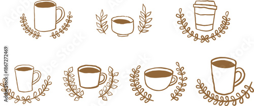 Coffee cup with fern leaves wreath doodle illustration for decoraion on coffee , tea and cafe concept.