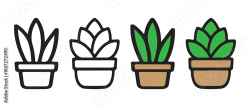 Potted Plant Icons Collection. Outline, Filled, Simple, Flat Design.