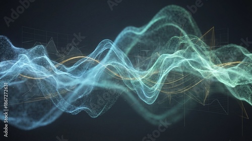 A futuristic abstract visualization of swirling digital waves and neon lights in a dark environment from a frontal viewpoint