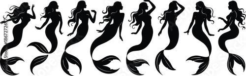 Mermaid Silhouettes Collection With Elegant Female Sea Creatures Fantasy Ocean Mythical Characters Isolated Vector Illustration Set