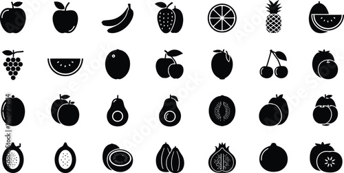 A collection of 28 black and white fruit icons in various shapes and sizes