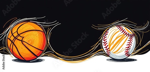 Abstract swirling lines forming a basketball, soccer ball, and baseball, outlined in a playful, sketchy style,  graphic,   pattern