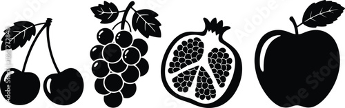 A black and white illustration of various fruits including cherries grapes pomegranate and apple