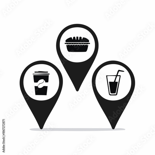 Restaurant and Cafe Locations Icons Set on Map Pointers, Food Service Navigation Design